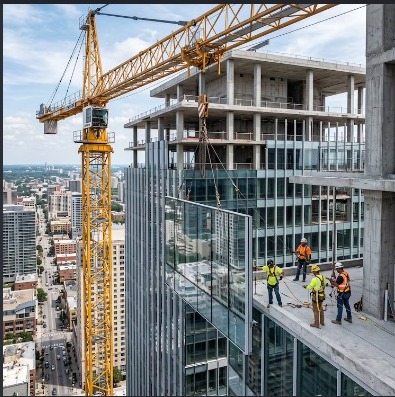 Construction site with tower crane